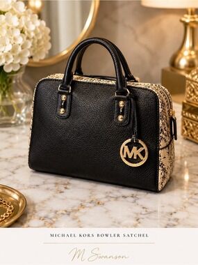Michael Kors Black Pebbled Leather Bowler Satchel Faux Python Trim Gold Hardware
